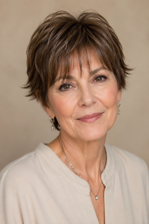 Hairstyles for women over 50 with thin fine hair showing layered bobs and pixie cuts that add volume and fullness