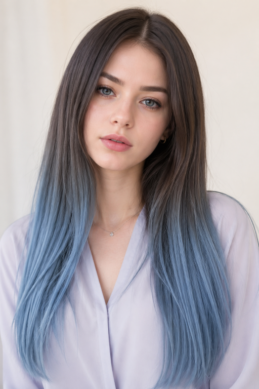 Blue balayage for brunettes featuring soft blended navy, teal, and pastel tones on long layered hair with natural dark roots and glossy finish