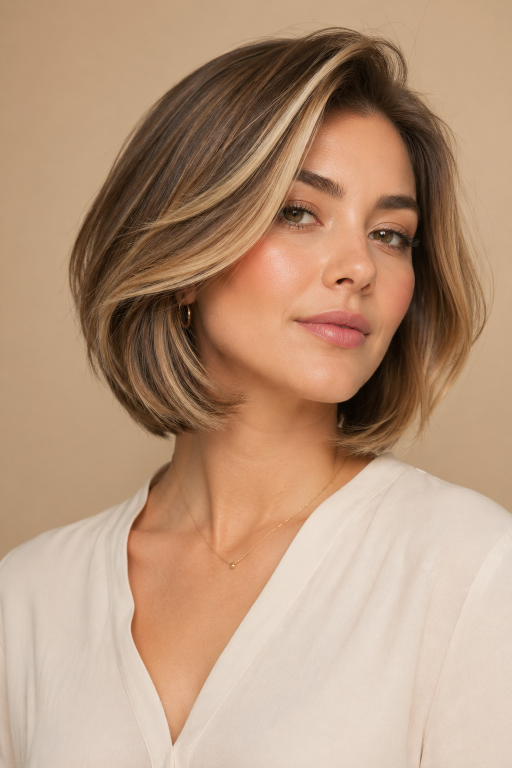Brown and blonde balayage on short hair showcasing soft blended highlights, dimensional tones, and modern low-maintenance color for a natural, sun-kissed look