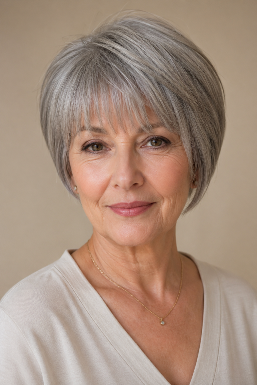 Hairstyles for women over 60 with bangs featuring layered bobs, pixie cuts, and soft fringes that flatter mature faces and fine hair