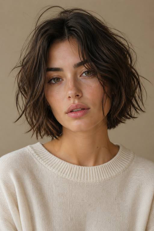 Short shaggy bob haircut with textured layers and effortless volume for modern women