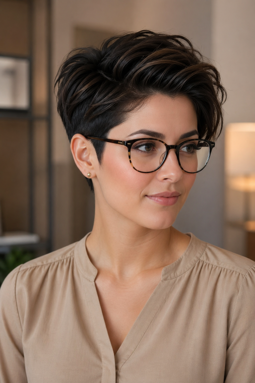 Short pixie haircut for women with glasses showing flattering modern styles for different face shapes