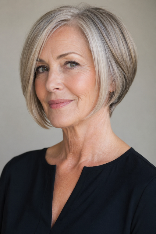 Elegant older woman (age 60+) with natural wrinkles and soft features showcasing a chic pixie bob haircut,