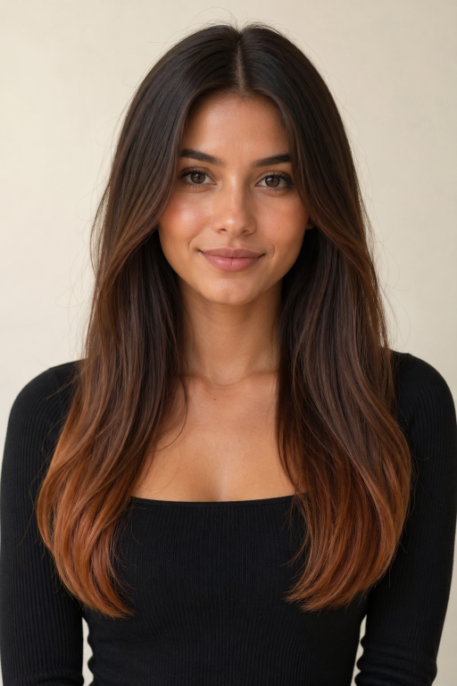 Caramel copper balayage on brunette hair with warm dimensional highlights and soft blended tones creating a natural sun-kissed look