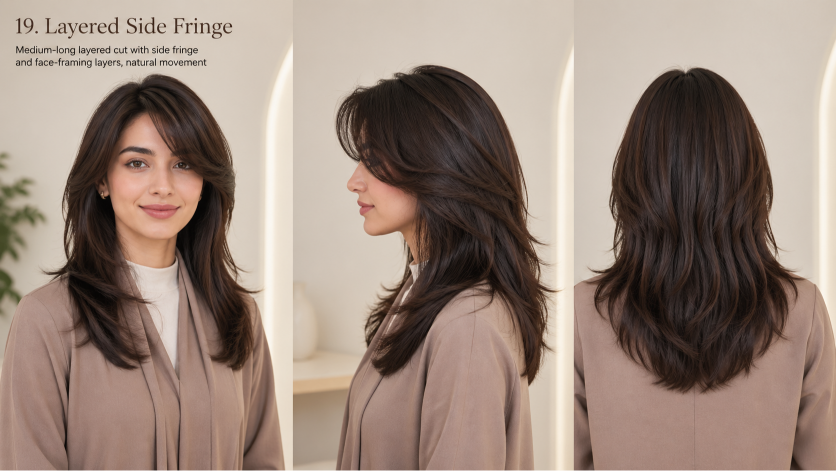 Bangs hairstyles for round faces featuring side-swept and curtain fringe that slim and frame soft facial features