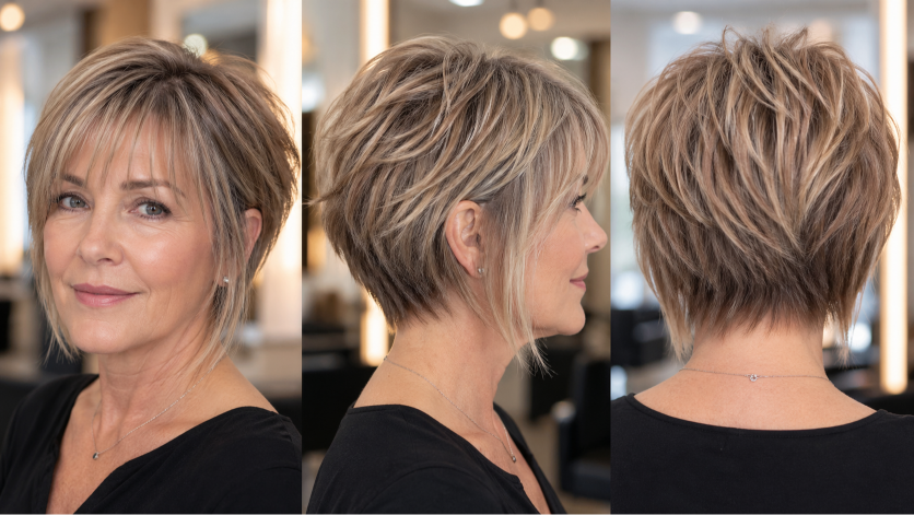 Thin fine hair makeover with soft layered bob and wispy bangs adding natural volume and face-framing shape