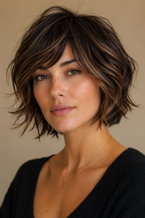 Short shaggy bob haircut with textured layers and effortless volume for modern women