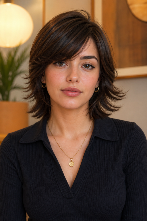 Short shag hairstyle with textured layers and modern volume for women