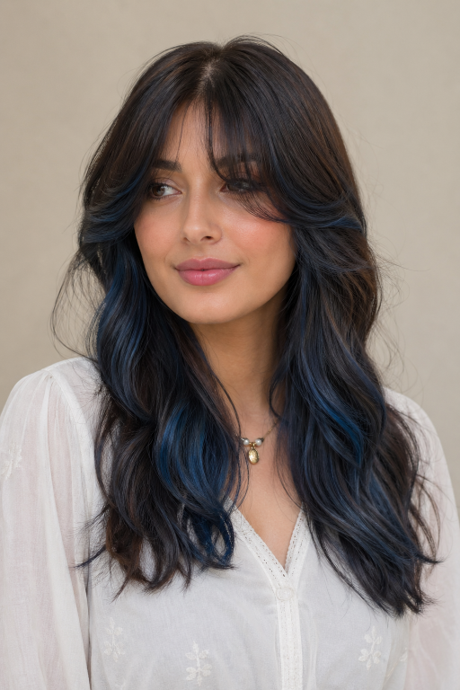 Blue balayage for brunettes featuring soft blended navy, teal, and pastel tones on long layered hair with natural dark roots and glossy finish