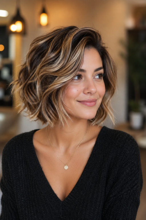 Brown and blonde balayage on short hair showcasing soft blended highlights, dimensional tones, and modern low-maintenance color for a natural, sun-kissed look