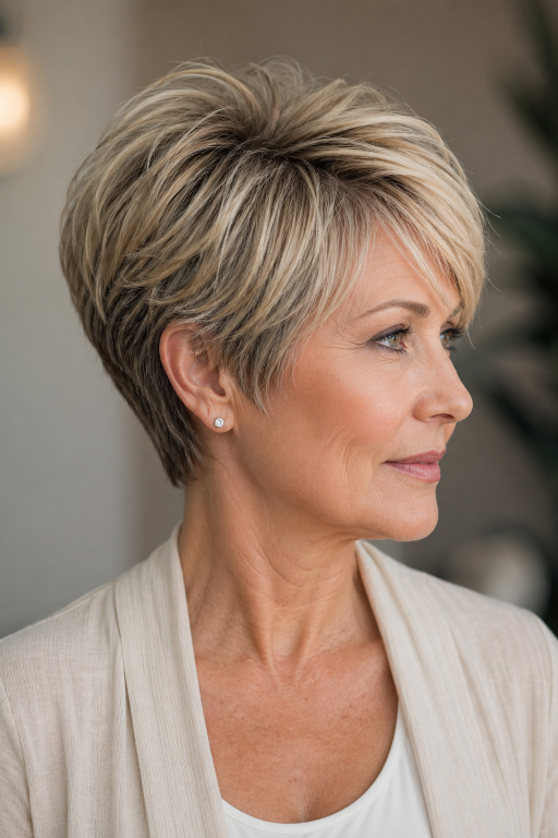 Hairstyles for women over 40 with thin fine hair showing volume-boosting cuts like layered bobs, pixies, and textured styles for fuller-looking hair