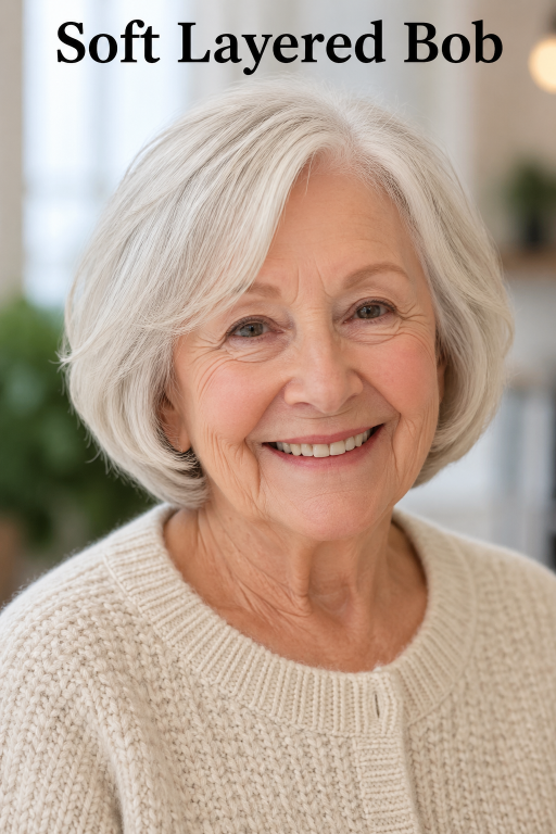 Elegant short and layered hairstyles for women over 80 showcasing soft volume, natural gray hair, and easy-to-maintain flattering cuts