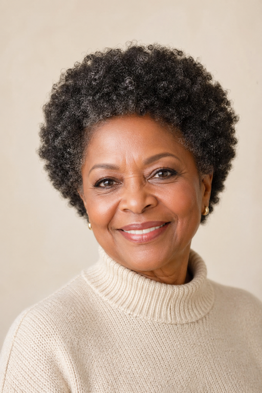 Confident older Black woman with natural gray curls in a stylish wash-and-go hairstyle, showcasing low-maintenance beauty and elegance