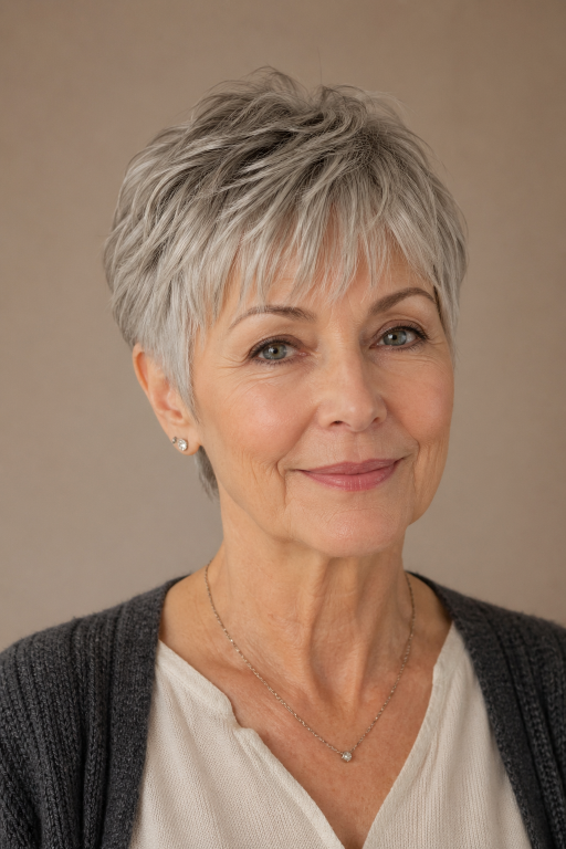 Hairstyles for women over 60 with bangs featuring layered bobs, pixie cuts, and soft fringes that flatter mature faces and fine hair