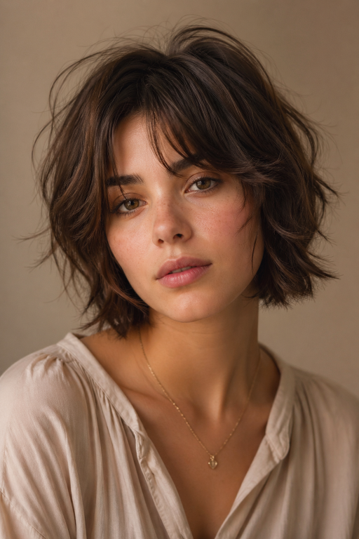 Short shaggy bob haircut with textured layers and effortless volume for modern women