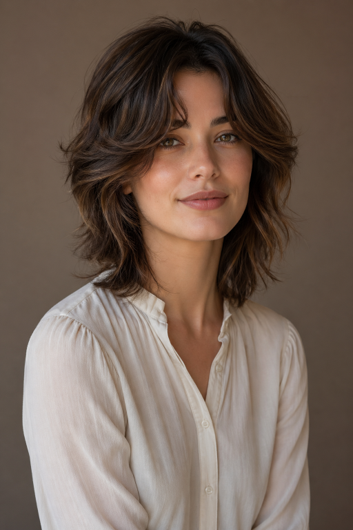 Short shag hairstyle with textured layers and modern volume for women