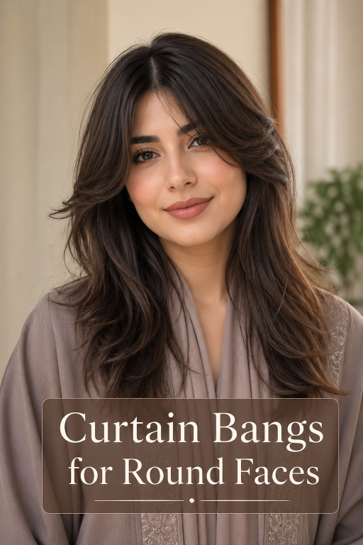 Bangs hairstyles for round faces featuring side-swept and curtain fringe that slim and frame soft facial features