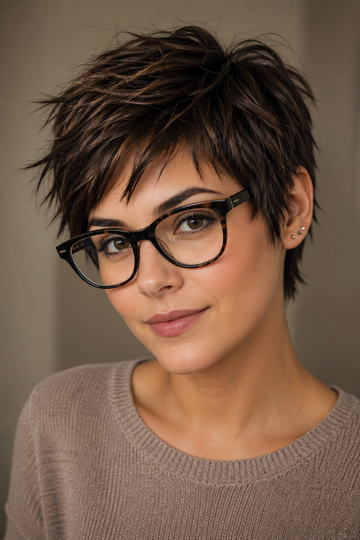Short pixie haircut for women with glasses showing flattering modern styles for different face shapes