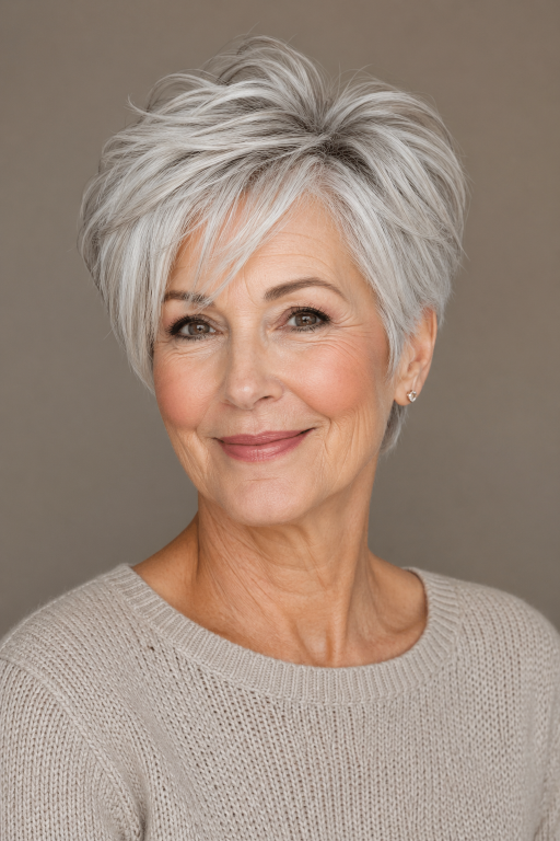 Short haircuts for women over 70 featuring layered pixie, soft bob, and easy low-maintenance styles for thinning hair