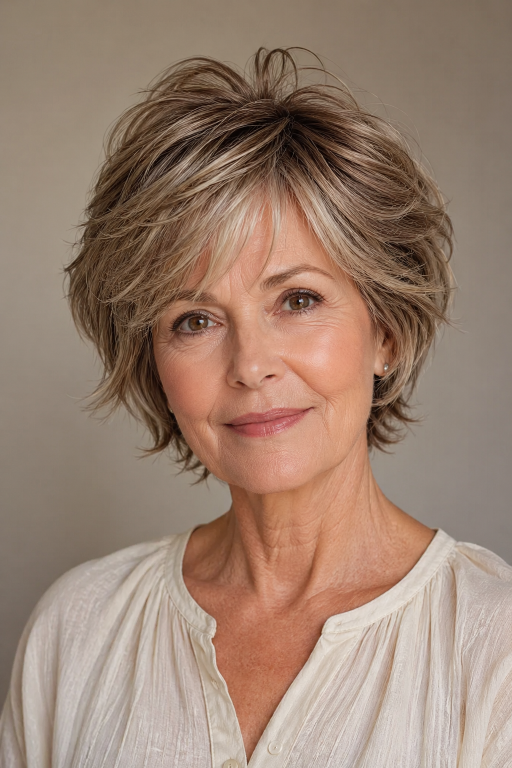 Elegant older woman (age 60+) with natural wrinkles and soft features showcasing a chic pixie bob haircut,