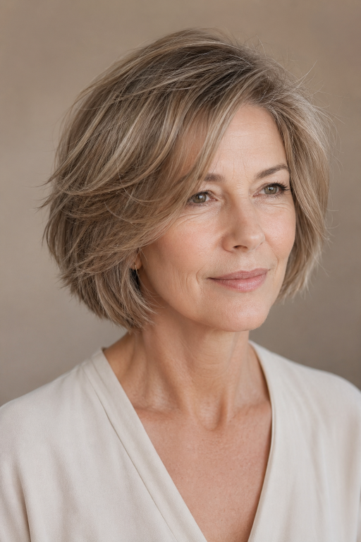 Hairstyles for women over 50 with thin fine hair showing layered bobs and pixie cuts that add volume and fullness