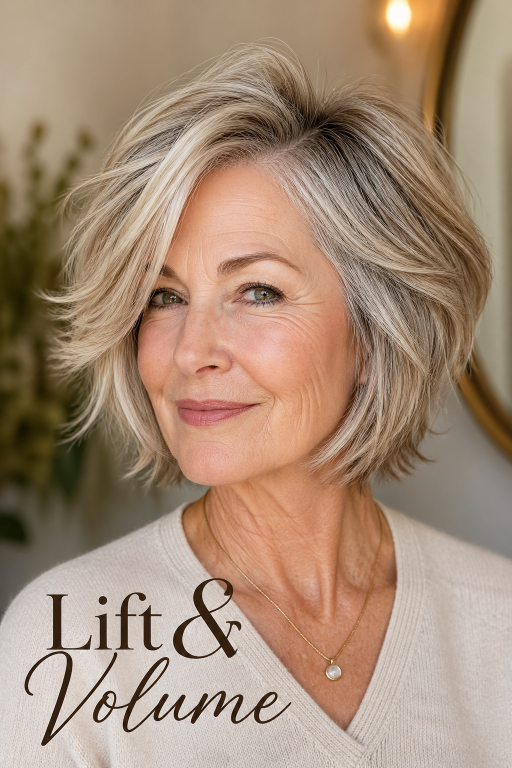 Choppy bob hairstyles for women over 60 showing layered, textured cuts that add volume and movement to aging hair