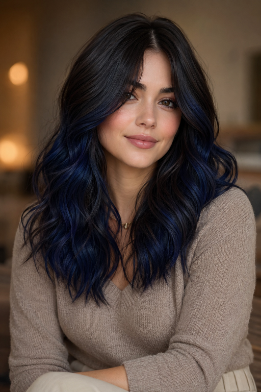 Blue balayage for brunettes featuring soft blended navy, teal, and pastel tones on long layered hair with natural dark roots and glossy finish