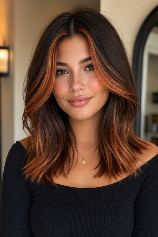 Caramel copper balayage on brunette hair with warm dimensional highlights and soft blended tones creating a natural sun-kissed look