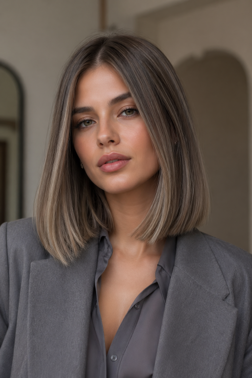 Brown and blonde balayage on short hair showcasing soft blended highlights, dimensional tones, and modern low-maintenance color for a natural, sun-kissed look