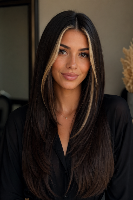 Brunette balayage with money piece highlighting face-framing strands for a bright, dimensional modern hair look