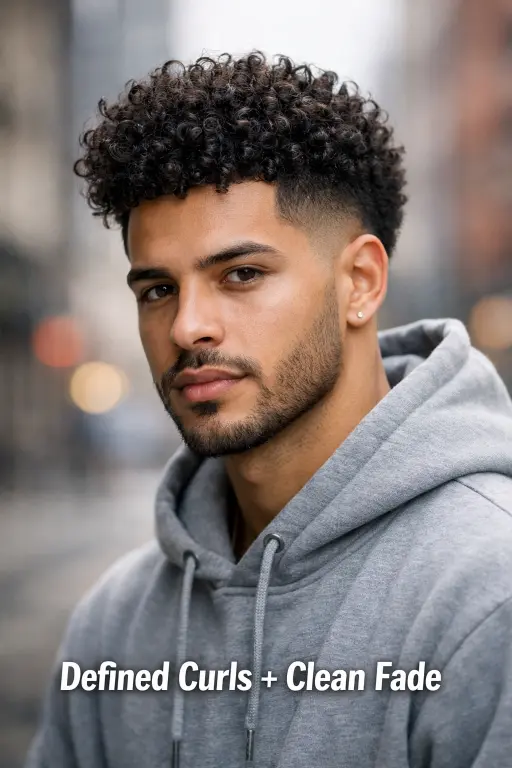 Burst taper fade haircut for men with natural curly top and tight tapered sides highlighting defined curls