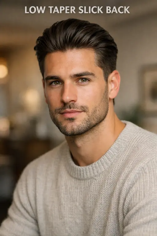 low taper fade slick back haircut with thick hair, fuller sides, and relaxed brushed back styling