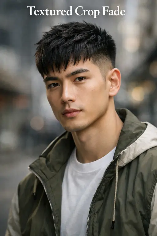 Low taper fade with natural top on straight thick Asian hair, softly blended sides with lightly textured volume on top for a clean everyday look