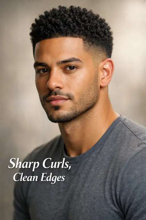 temple fade haircut for men with short natural curls on top and sharp faded sides highlighting texture and volume