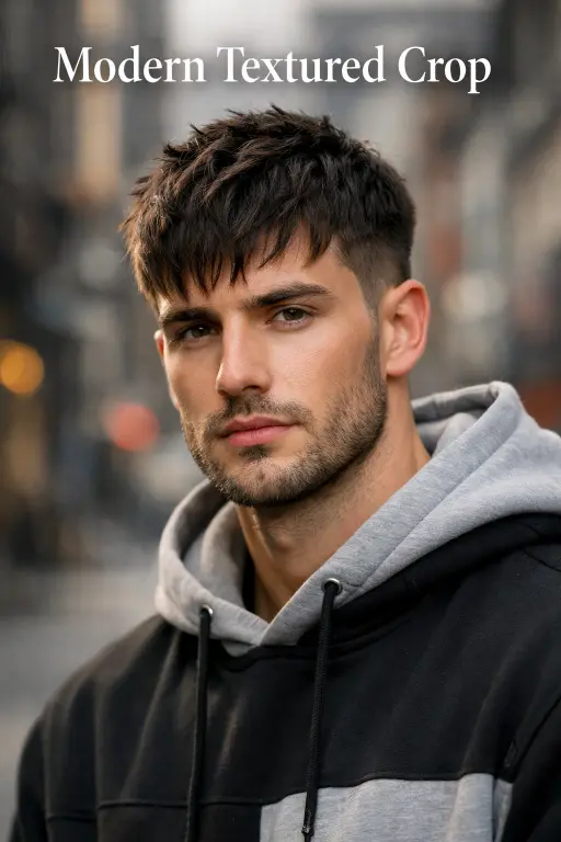 ALT 2: Textured crop low taper fade wavy hairstyle for men with short choppy waves and messy fringe