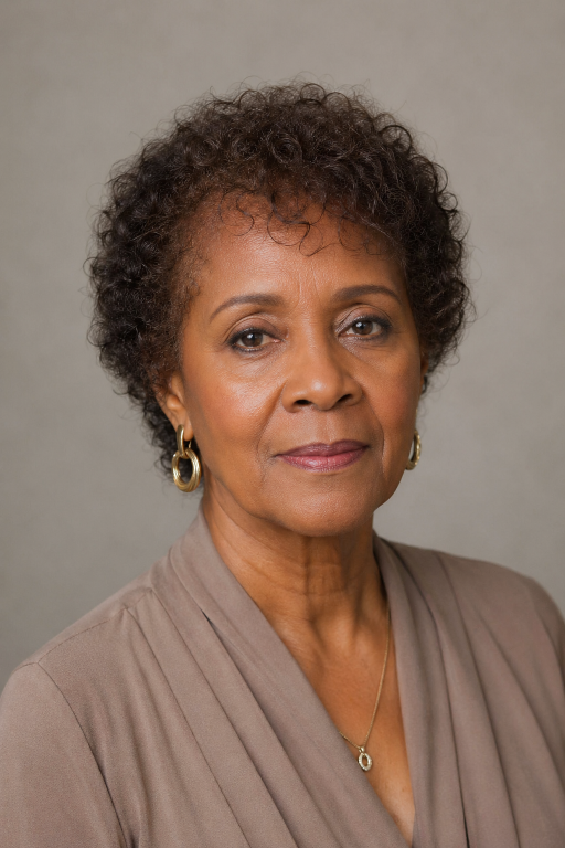 Confident older Black woman with natural gray curls in a stylish wash-and-go hairstyle, showcasing low-maintenance beauty and elegance