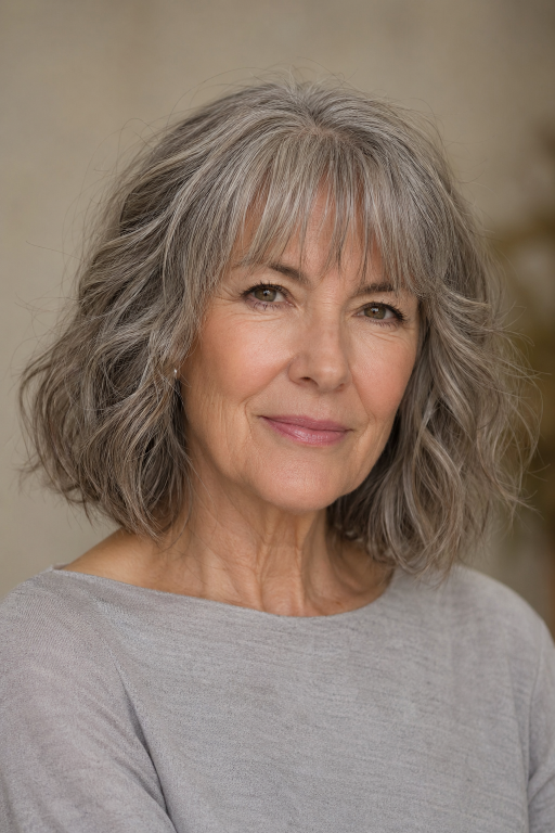 Hairstyles for women over 60 with bangs featuring layered bobs, pixie cuts, and soft fringes that flatter mature faces and fine hair