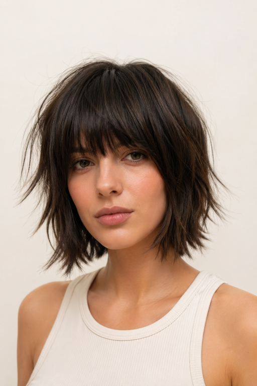 Short shaggy bob haircut with textured layers and effortless volume for modern women