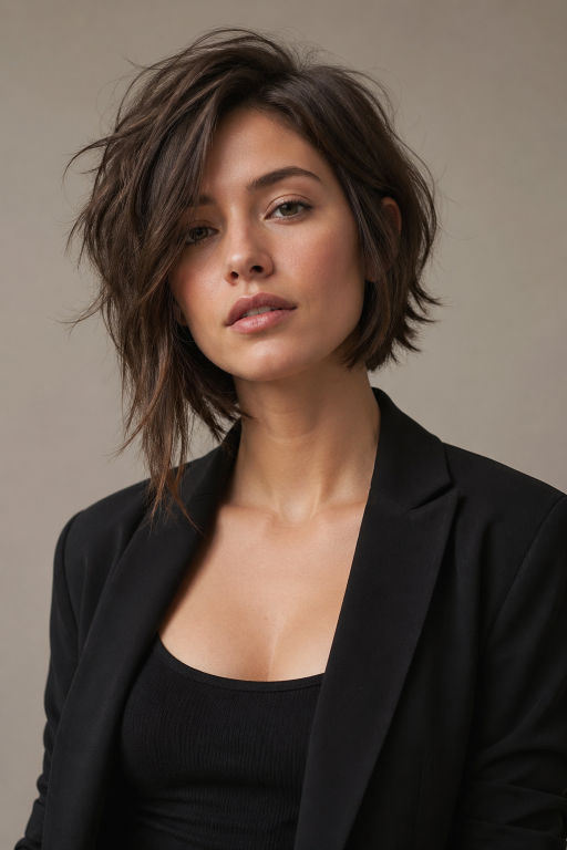 Short shag hairstyle with textured layers and modern volume for women