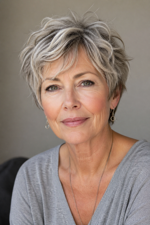 Elegant older woman (age 60+) with natural wrinkles and soft features showcasing a chic pixie bob haircut,