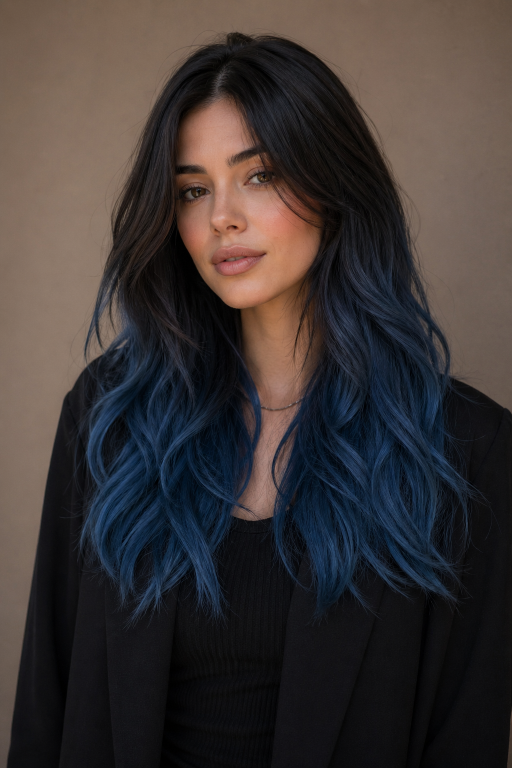 Blue balayage for brunettes featuring soft blended navy, teal, and pastel tones on long layered hair with natural dark roots and glossy finish