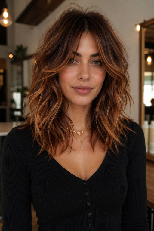 Caramel copper balayage on brunette hair with warm dimensional highlights and soft blended tones creating a natural sun-kissed look