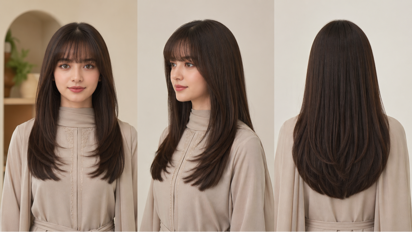 Bangs hairstyles for round faces featuring side-swept and curtain fringe that slim and frame soft facial features