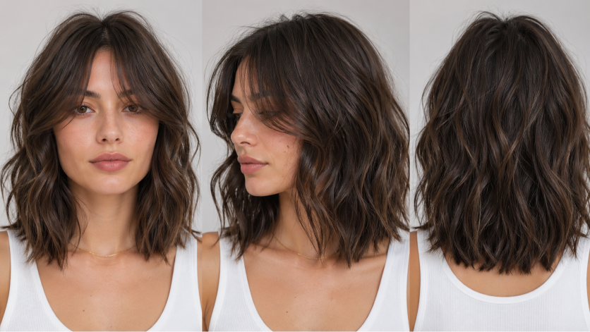 Thin fine hair makeover with soft layered bob and wispy bangs adding natural volume and face-framing shape