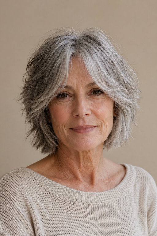 Hairstyles for women over 60 with bangs featuring layered bobs, pixie cuts, and soft fringes that flatter mature faces and fine hair