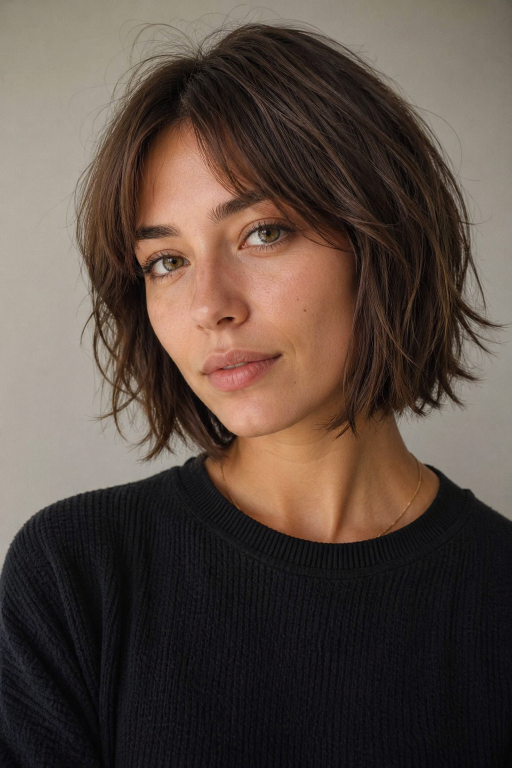 Short shaggy bob haircut with textured layers and effortless volume for modern women