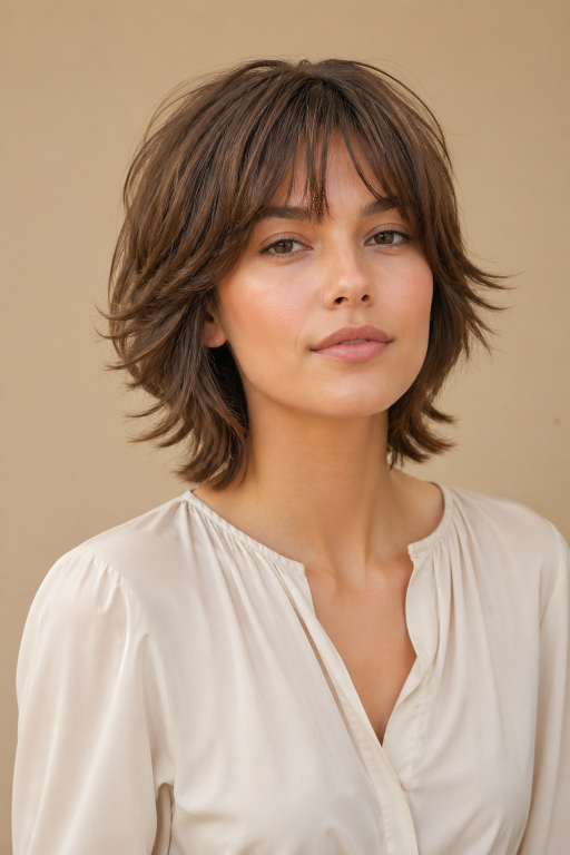 Short shag hairstyle with textured layers and modern volume for women