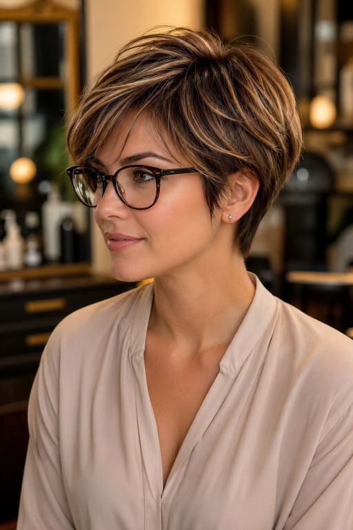 Short pixie haircut for women with glasses showing flattering modern styles for different face shapes
