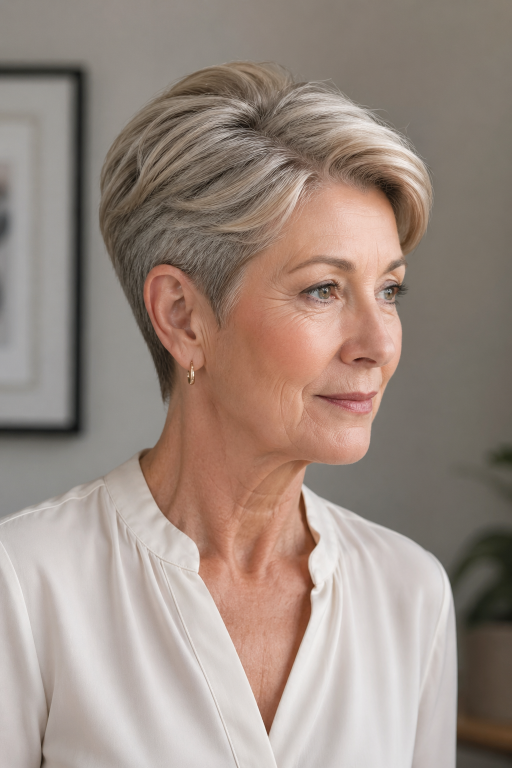 Elegant older woman (age 60+) with natural wrinkles and soft features showcasing a chic pixie bob haircut,