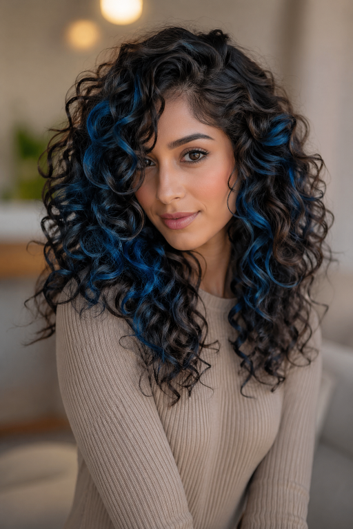 Blue balayage for brunettes featuring soft blended navy, teal, and pastel tones on long layered hair with natural dark roots and glossy finish